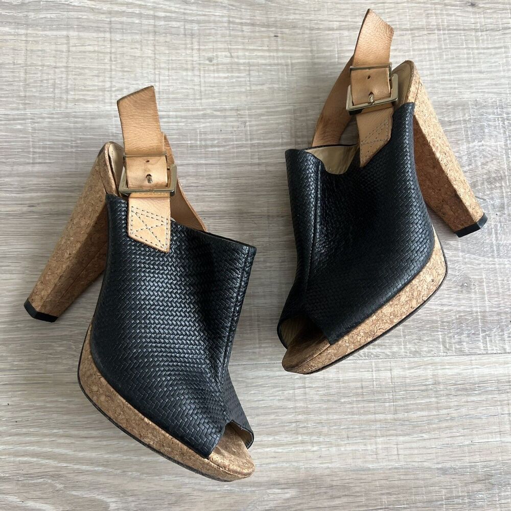 Carlo Pazolini Womans Black Leather Cork Heels Sz 7 Slingback Sandals
